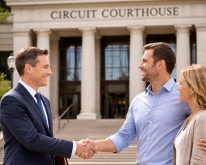 Michigan wrongful death attorney meeting with family outside circuit court