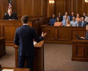 Attorney presenting a wrongful death case before a Michigan jury in a courtroom