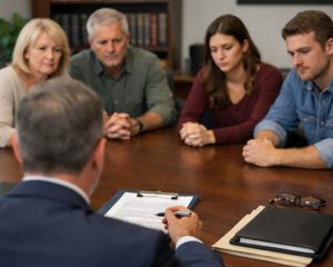 Attorney meeting with family to discuss who can file a wrongful death lawsuit in Michigan