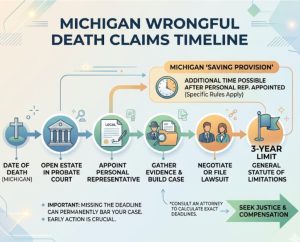 Infographic showing the Michigan wrongful death lawsuit timeline, from date of death and opening probate court estate to the 3-year statute of limitations and saving provision.