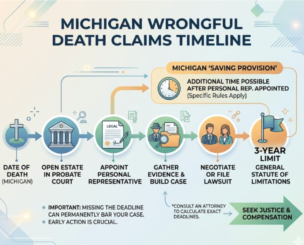 Infographic showing the Michigan wrongful death lawsuit timeline, from date of death and opening probate court estate to the 3-year statute of limitations and saving provision.